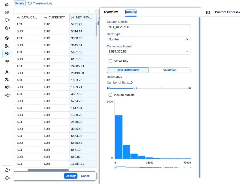 Editor de importación de CSV de SAP Datasphere con la vista previa de T_SALES_ITEMS y la pestaña Details de la columna NET_REVENUE con tipo Number