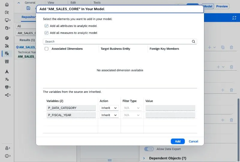 Diálogo Add AM_SALES_CORE In Your Model con las casillas de atributos y medidas marcadas y las variables P_DATA_CATEGORY y P_FISCAL_YEAR con la acción Inherit