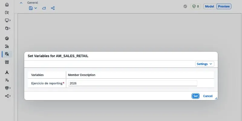 Diálogo Set Variables for AM_SALES_RETAIL en la vista previa de SAP Datasphere: solo aparece Ejercicio de reporting con el valor 2026